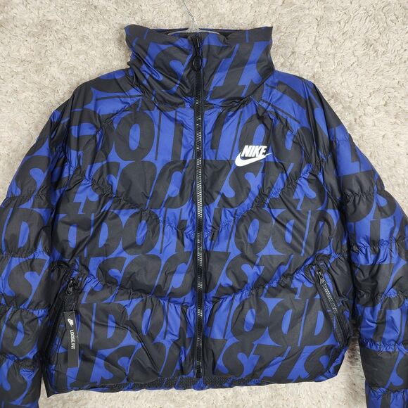 Nike Puffer Jacket Womens Medium Blue Sportswear Just Do It Logo Zip Winter Coat - Picture 2 of 11